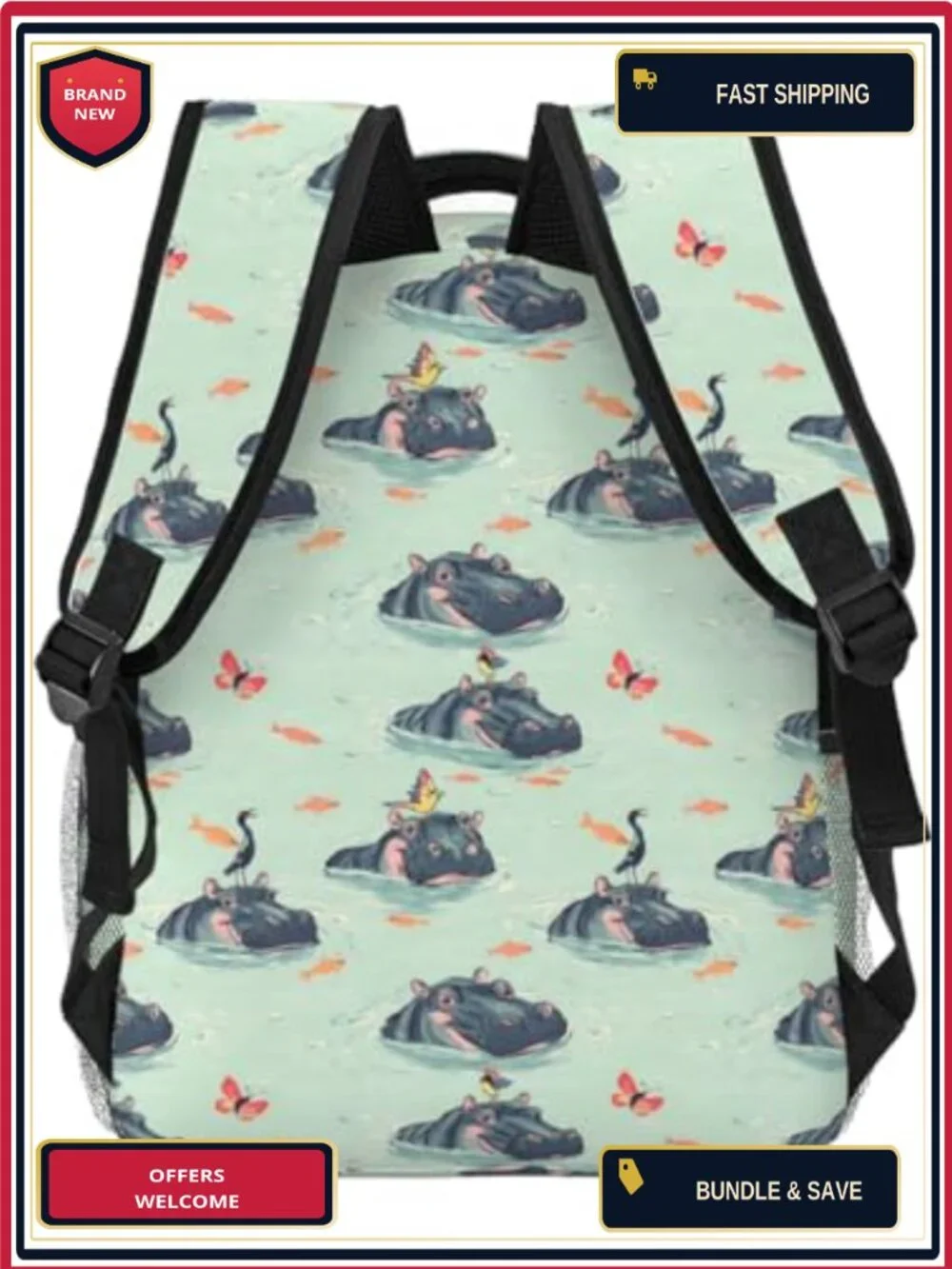 Cute Hippo Casual Backpack for Laptop, School, Travel Hiking - Polyester